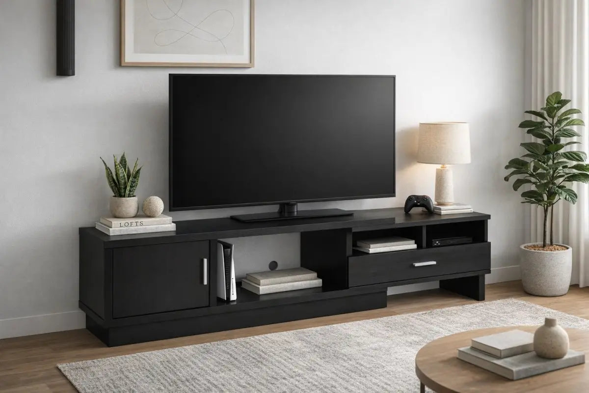 Meuble TV modulable avec rangement | Cerisier foncé et chrome