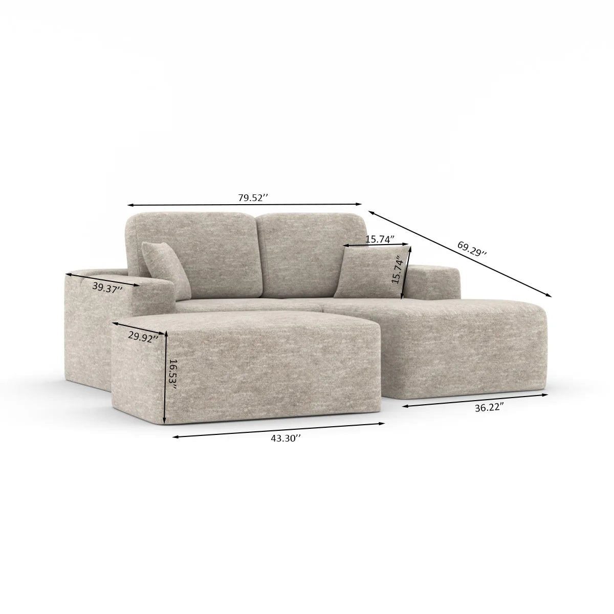 Simone : Sectionnel Beige avec Ottoman et Ressorts Ensachés