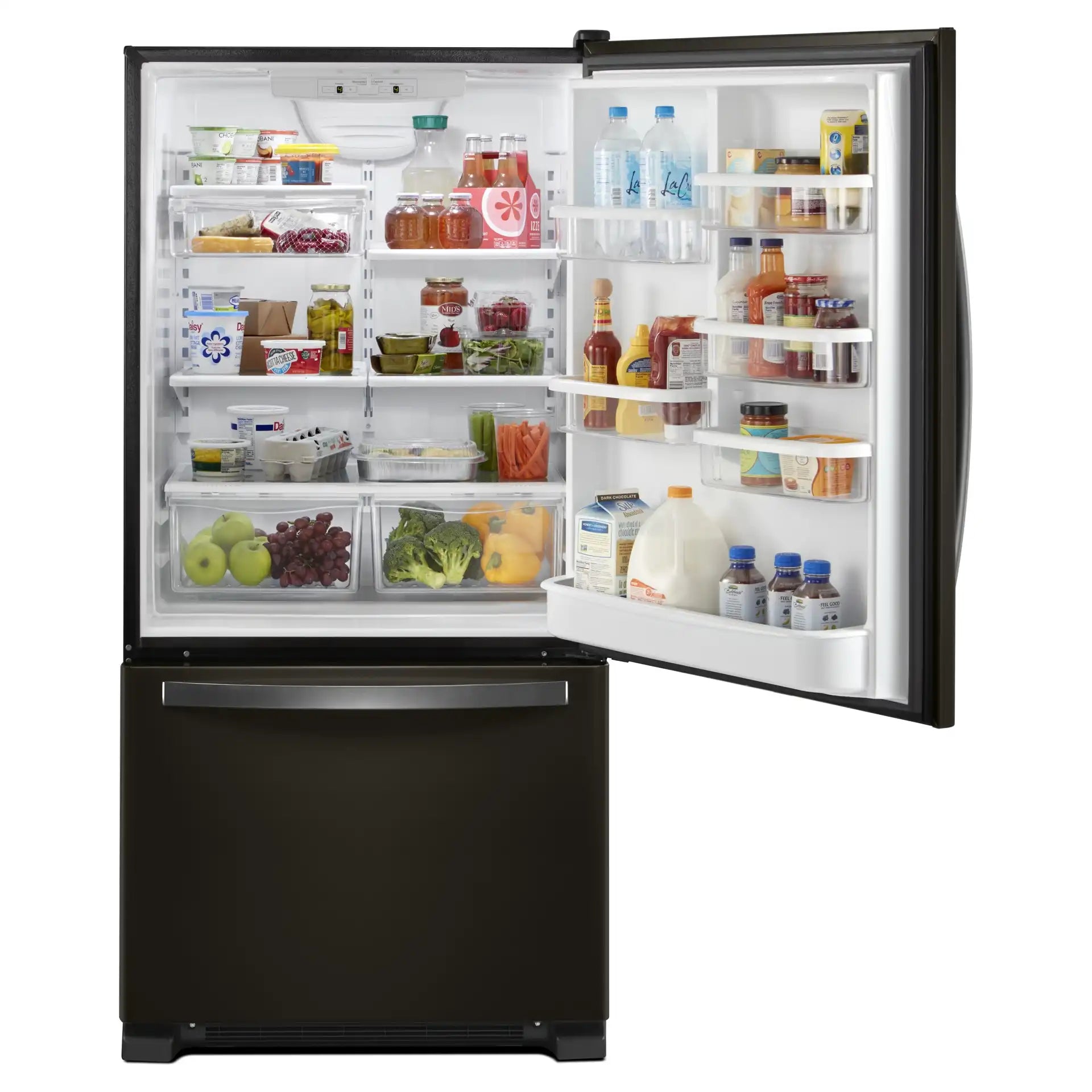 Réfrigérateur Whirlpool 22 pi³ Congélateur Bas 33" Acier Inoxydable Noir
