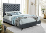 IF-5680 Lit rembourré à boutons gris avec détails de strass et de clous, avec support de matelas inclus