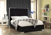 IF-5542 Lit Velours Noir, Capitonnage Profond, Chrome - Support Matelas Inclus