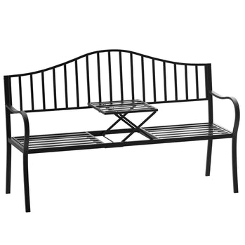 Banc d'extérieur avec table centrale rétractable, causeuse de patio à structure en métal avec siège et dossier à lattes, accoudoirs incurvés, noir