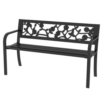 Banc d'extérieur de 127 cm, causeuse de patio à structure en métal avec dossier à motif floral, accoudoir durci, pour véranda, jardin, bord de piscine, terrasse, noir