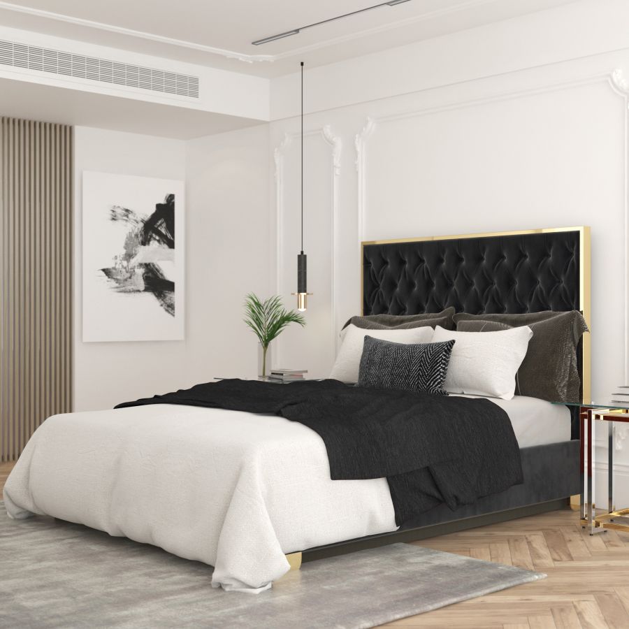 Lit Queen 60" Lucille en noir et or ( Meuble Mtl )