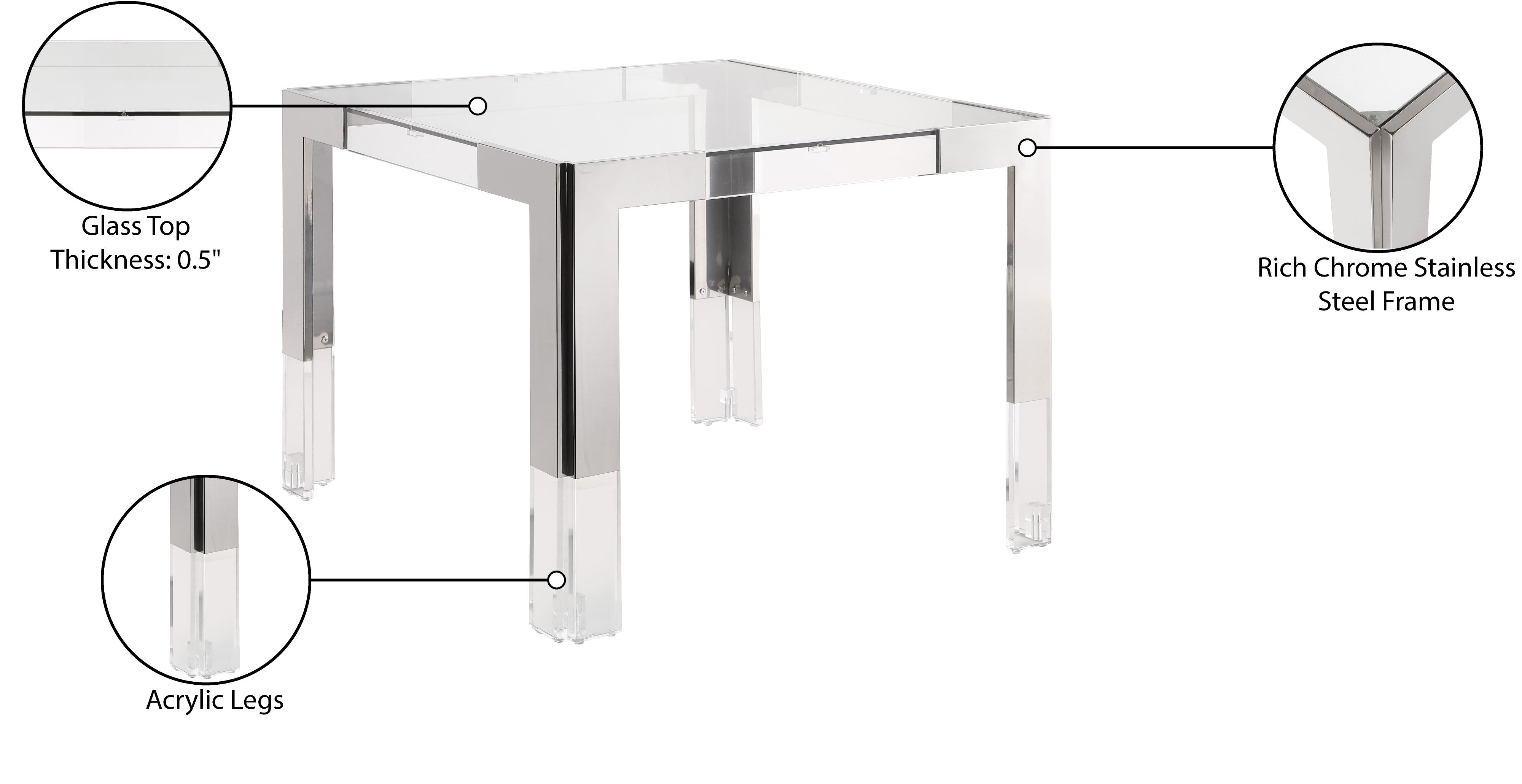 Table de Repas Casper 38" : Chrome, Acrylique et Verre Trempé