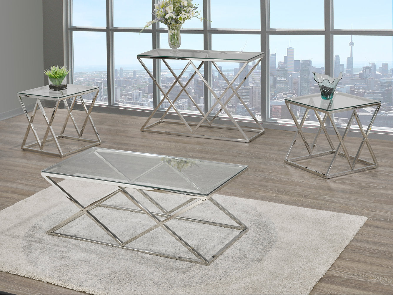 Ensemble de table basse 3 pièces, plateau en verre avec pieds en acier inoxydable
