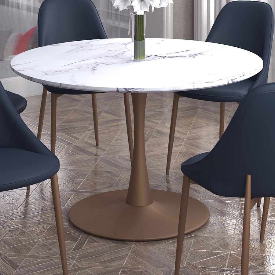 Table de salle à manger ronde Zilo de 48 po en faux marbre blanc et or vieilli ( Meuble Mtl )