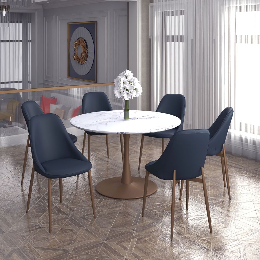 Table de salle à manger ronde Zilo de 48 po en faux marbre blanc et or vieilli ( Meuble Mtl )