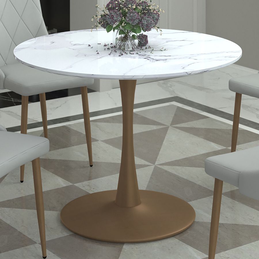 Table de salle à manger ronde Zilo de 40 po en faux marbre blanc et or vieilli