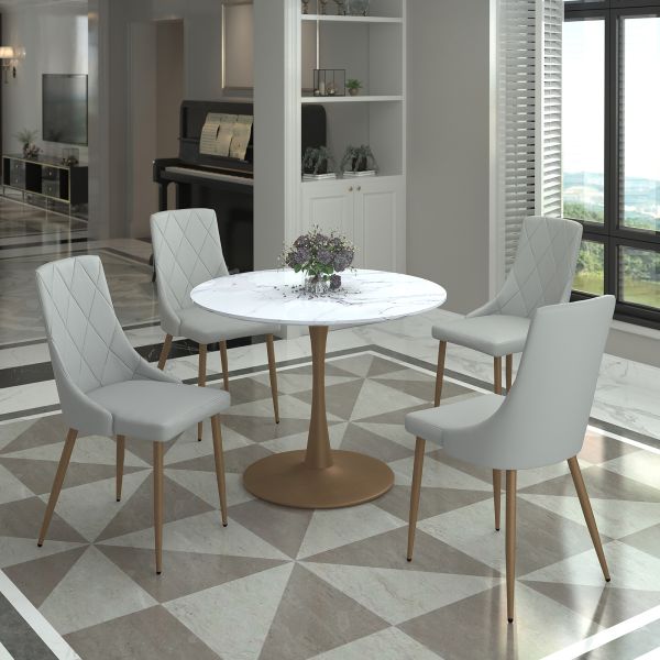 Table de salle à manger ronde Zilo de 40 po en faux marbre blanc et or vieilli