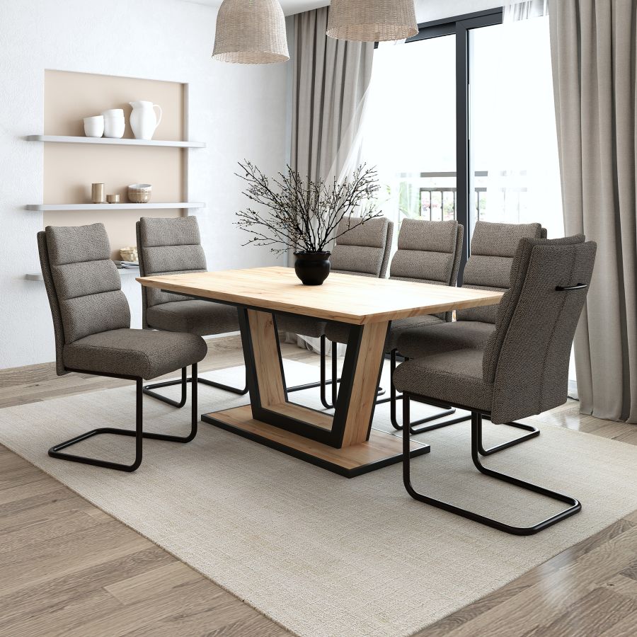 Forna/Brodi Ensemble de salle à manger 7 pièces avec table naturelle et chaise charbon de bois