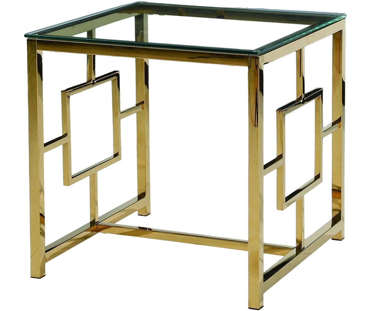 Table de Bout Naomi : Structure Cubique Dorée et Verre Trempé