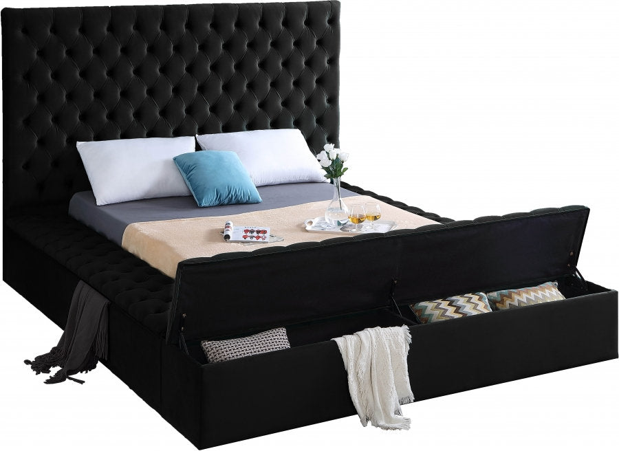 IF-5793 Lit Plateforme en Velours Noir - 3 Grands Rangements, Capitonnage Profond, Hauteur de 16 po