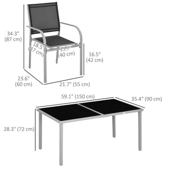 Ensemble de salle à manger d'extérieur 7 pièces avec table et 6 chaises empilables, structure en acier, plateau en verre trempé, sièges en maille, noir