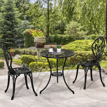 Ensemble bistro de Patio 3 pièces, Table et chaises de jardin en fonte d'aluminium avec trou pour parasol pour balcon, noir