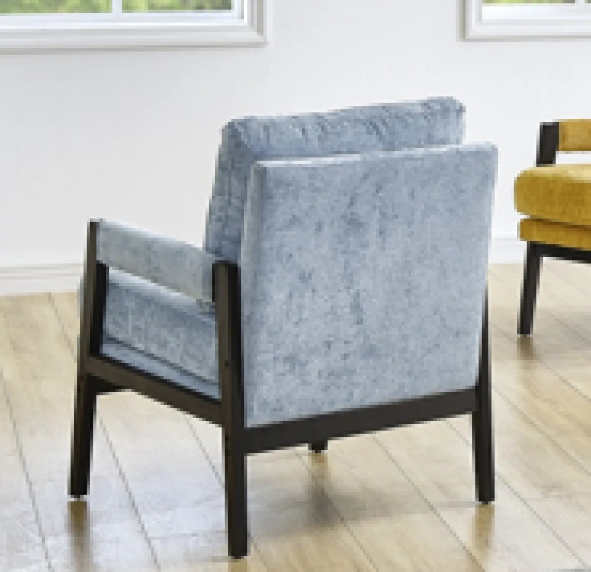 Fauteuil Carlo en chenille bleue - Cadre noir minuit