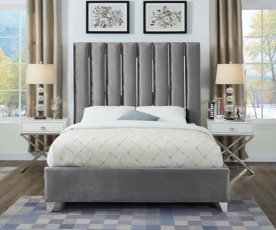 IF-5620 Lit Velours Gris Glam - Design Chrome Channel - Support Matelas