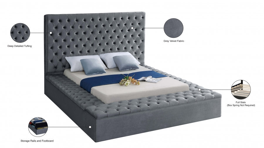 IF-5790 Lit Plateforme en Velours Gris - 3 Grands Rangements, Capitonnage Profond, Hauteur de 16 po