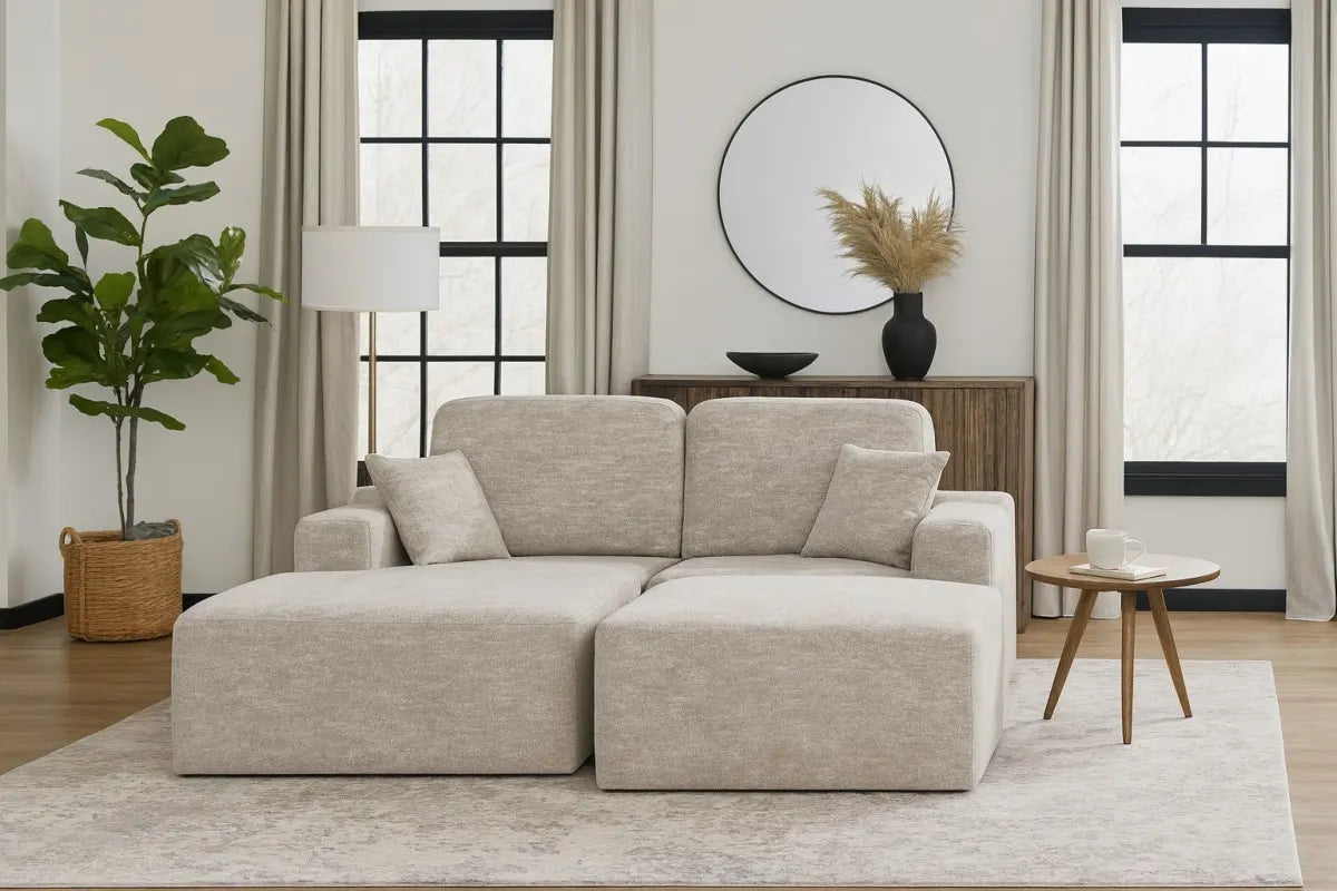 Simone : Sectionnel Beige avec Ottoman et Ressorts Ensachés
