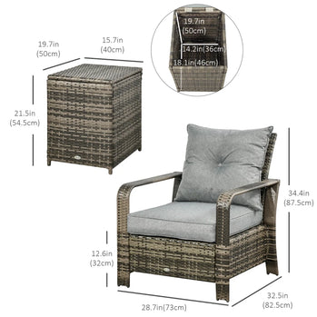 Ensemble bistro de terrasse 3 pièces avec 2 chaises rembourrées et 1 table d'appoint de rangement, ensemble de canapé de jardin en rotin PE avec housse de coussin amovible, gris