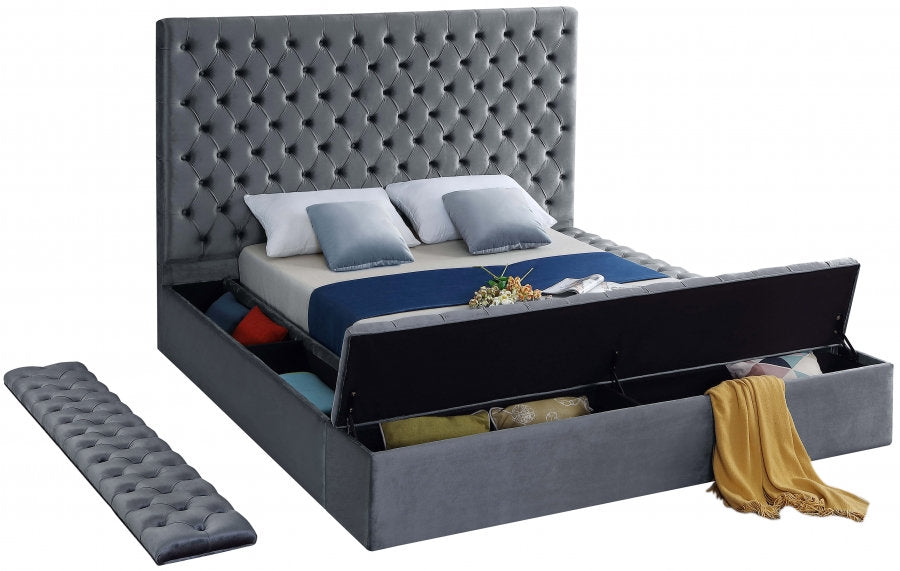 IF-5790 Lit Plateforme en Velours Gris - 3 Grands Rangements, Capitonnage Profond, Hauteur de 16 po