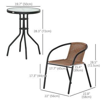 Ensemble de meubles d'extérieur en osier 3 pièces avec 2 chaises empilables, Table basse en verre trempé pour jardin, arrière-cour, marron