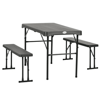 Ensemble de table de pique-nique pliante de 72 pouces, 2 bancs, 3 pièces d'extérieur en PEHD de style allemand Biergarten, table à bière pliable pour 4 personnes, gris foncé