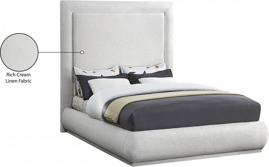 Lit Rembourré Style Moderne du Milieu du Siècle - Tissu Lin Crème, Support de Matelas