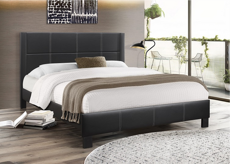 Lit en PU noir avec coutures contrastées et support de matelas