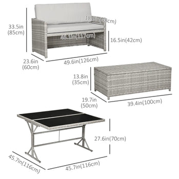 Ensemble de salle à manger de patio en osier 5 pièces, canapé causeuse en rotin, pouf et table de salle à manger, ensemble de meubles d'extérieur 6 places avec plateau en verre et coussins, gris