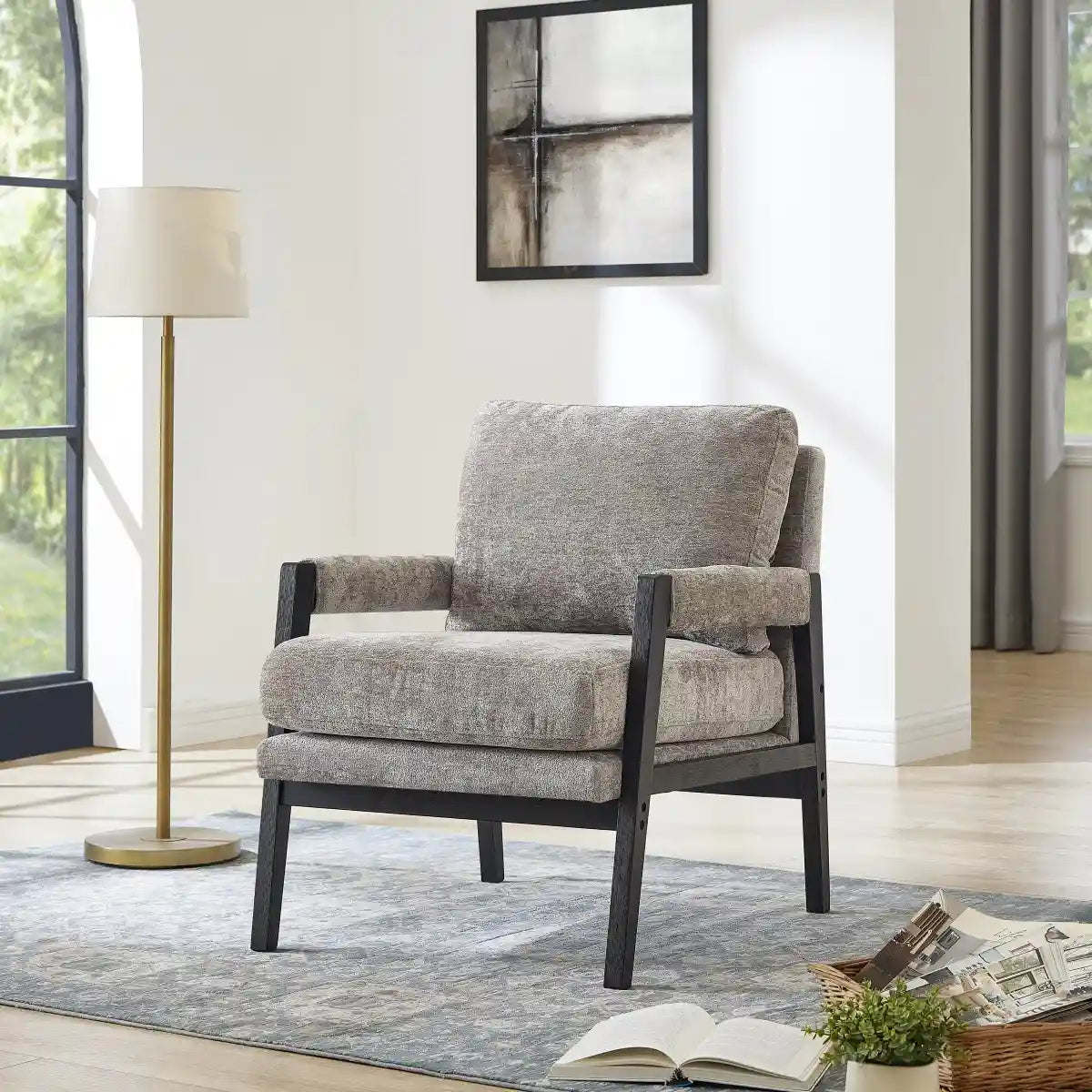 Fauteuil Carlo en Chenille Gris - Cadre Noir Minuit