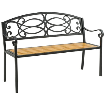 Banc de jardin pour extérieur, banc de terrasse pour 2 personnes avec cadre en acier et bois, accent floral rose, meuble causeuse pour pelouse, terrasse, cour, porche et entrée, naturel