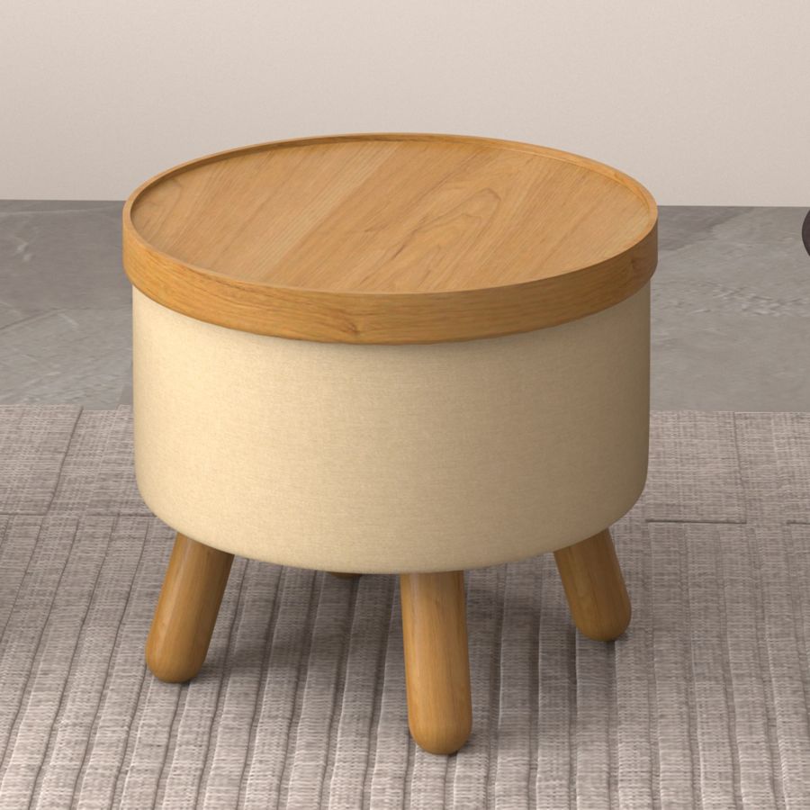 Pouf de rangement rond Betsy avec plateau en beige et naturel ( Meuble Mtl )