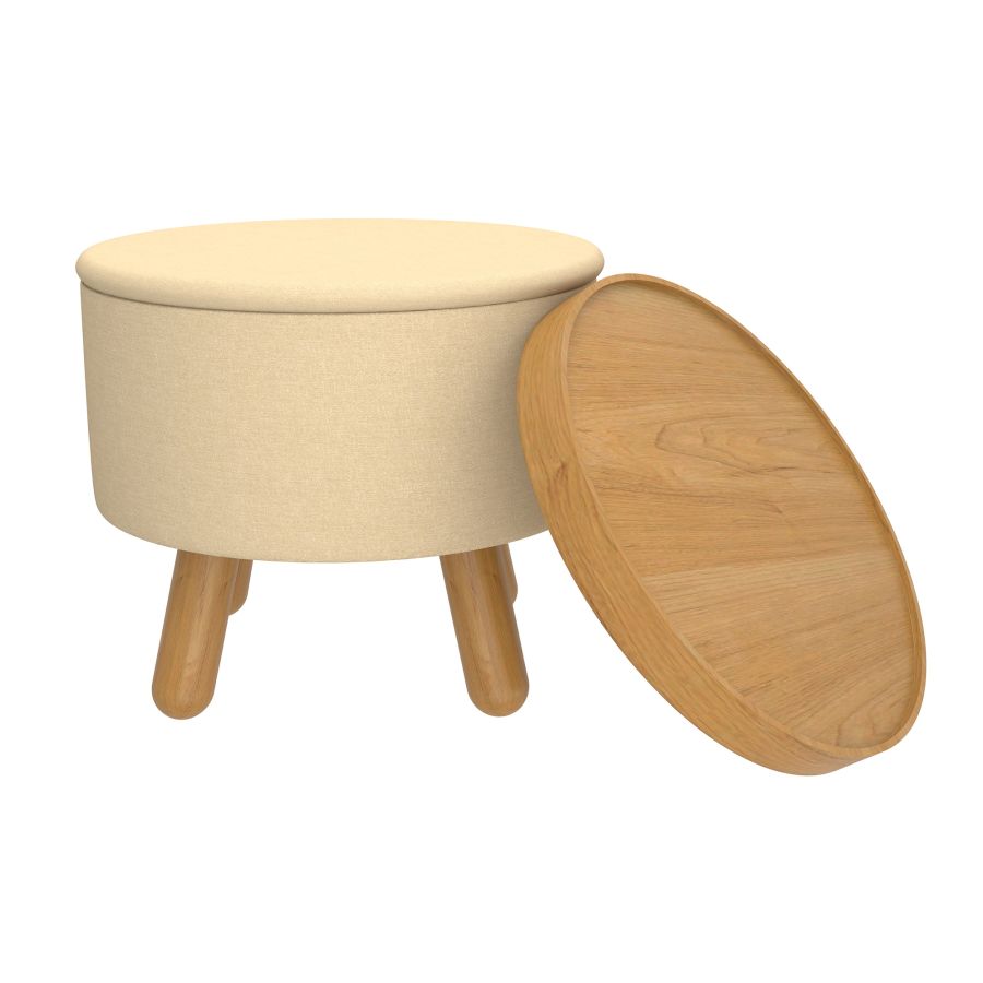 Pouf de rangement rond Betsy avec plateau en beige et naturel ( Meuble Mtl )