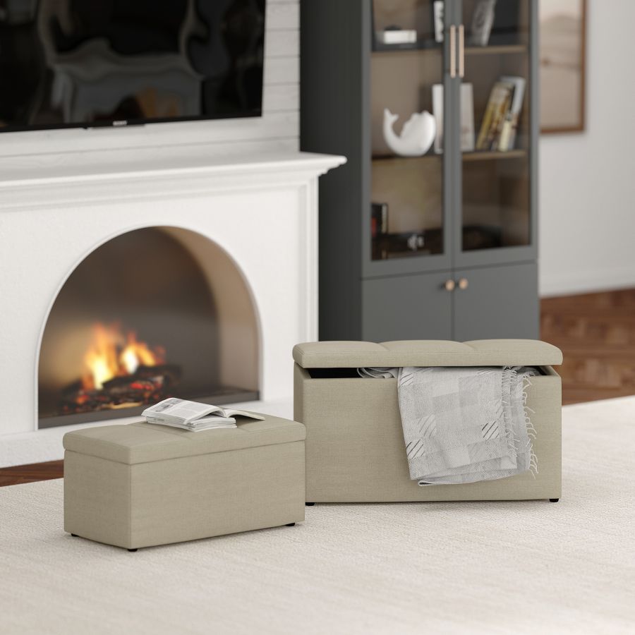 Levi Ensemble de 2 bancs ottomans de rangement rectangulaires en tissu beige ( Meuble Mtl )