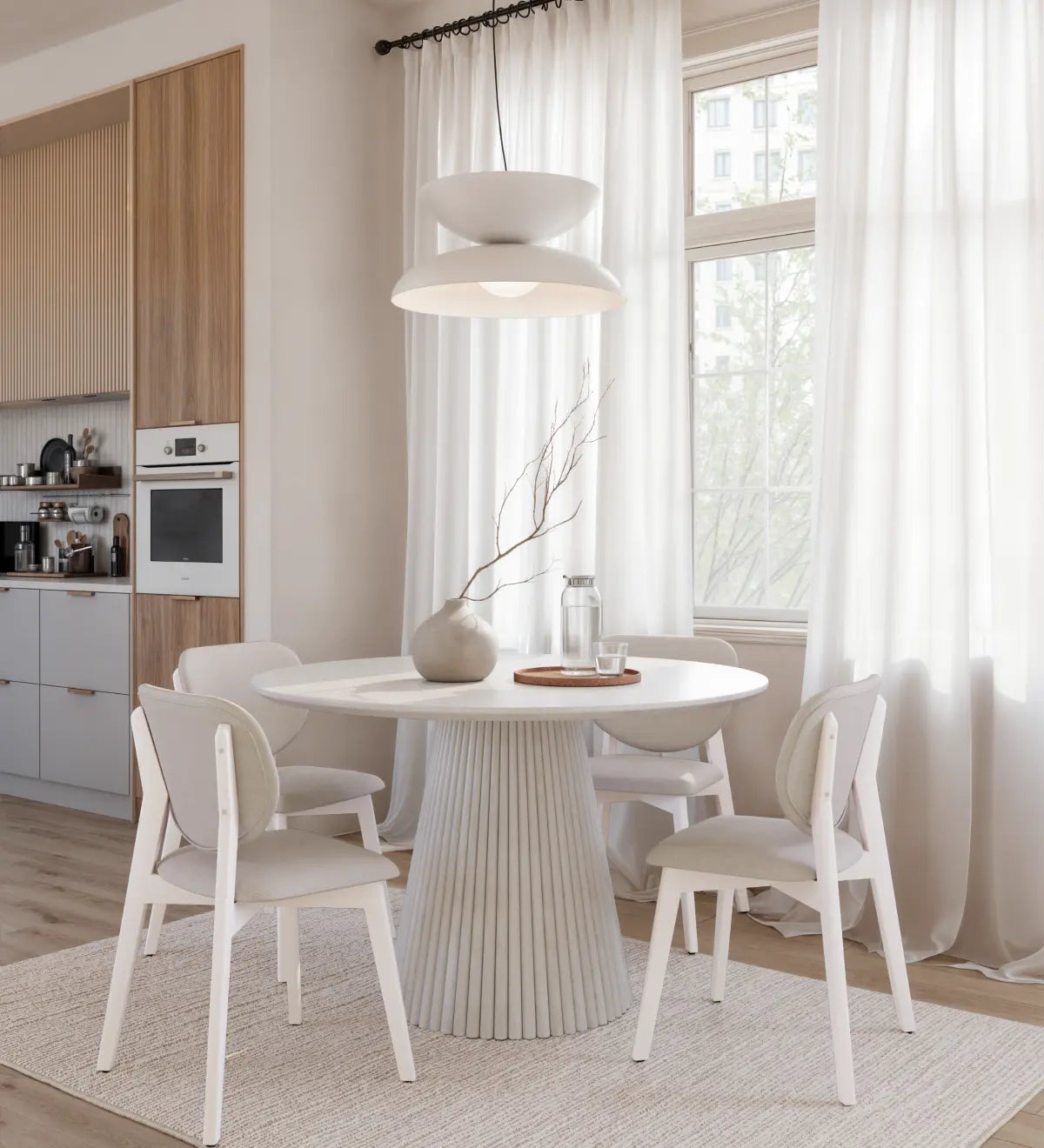 Akira Round Wood Dining Table - Washed White Finish