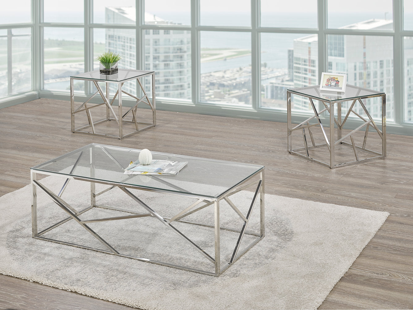 Ensemble de table basse 3 pièces, plateau en verre avec base chromée ( Meuble Mtl )