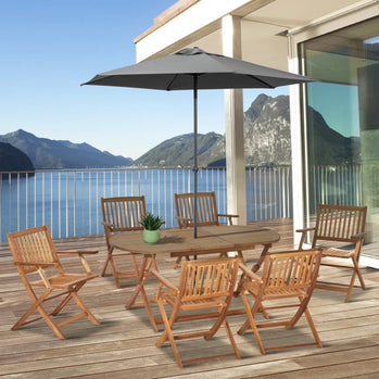 Ensemble de salle à manger de patio en bois de 7 pièces pour 6 personnes, ensemble de table à manger et de chaises avec trous pour parasol, meubles de patio d'extérieur pliants, teck