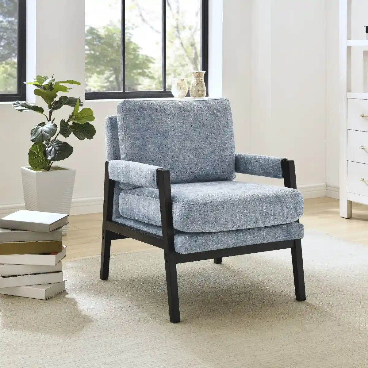 Fauteuil Carlo en Chenille Bleu - Cadre Noir Minuit