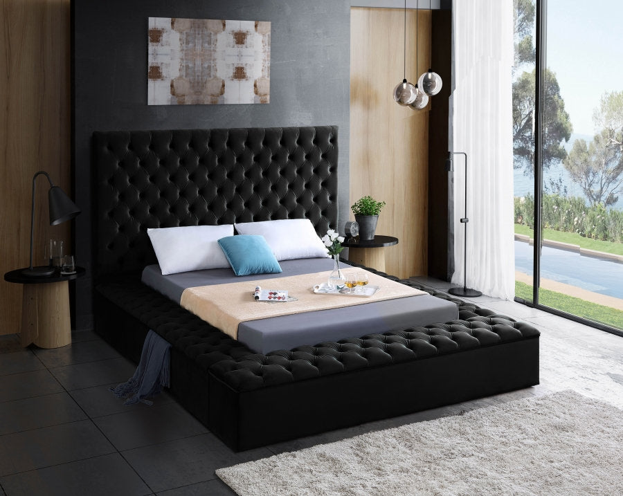 IF-5793 Lit Plateforme en Velours Noir - 3 Grands Rangements, Capitonnage Profond, Hauteur de 16 po
