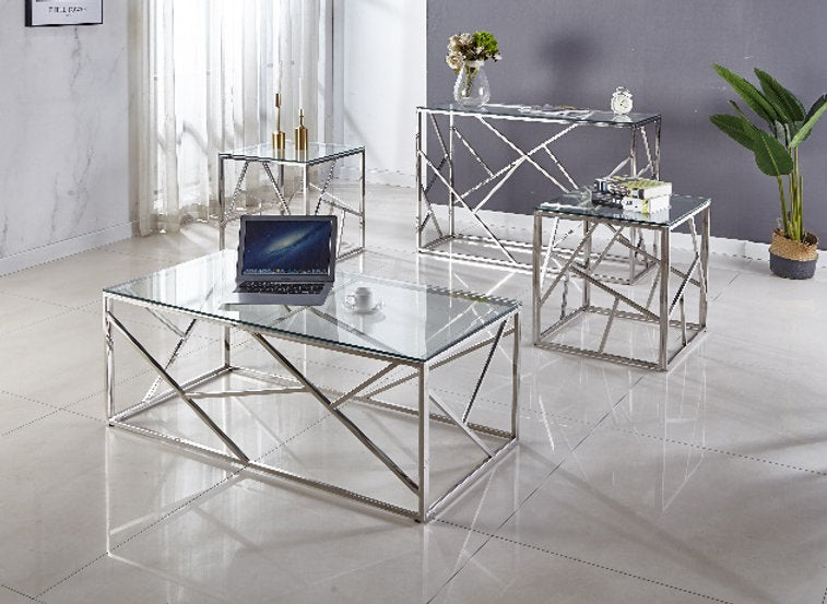 Ensemble de table basse 3 pièces, plateau en verre avec base chromée ( Meuble Mtl )