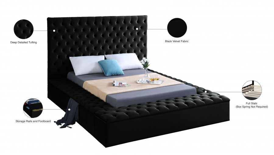 IF-5793 Lit Plateforme en Velours Noir - 3 Grands Rangements, Capitonnage Profond, Hauteur de 16 po
