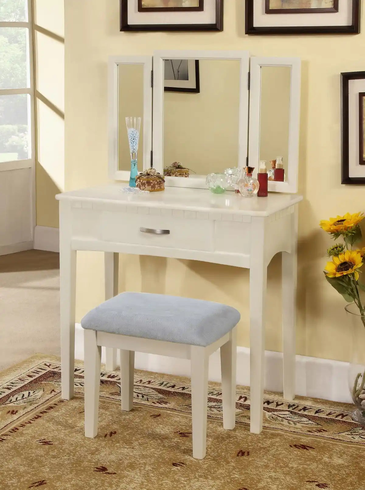 Coiffeuse moderne Leilani Blanche | Ensemble 3 pièces avec tiroir