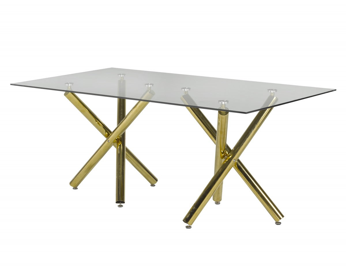 Golden Dining Table 6 Seater - Tempered Glass and X-Shaped Base