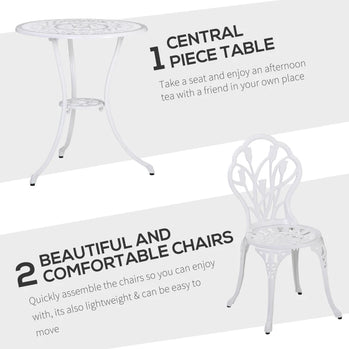 Ensemble bistro de patio 3 pièces, table et chaises de jardin en fonte d'aluminium avec trou pour parasol pour balcon, blanc