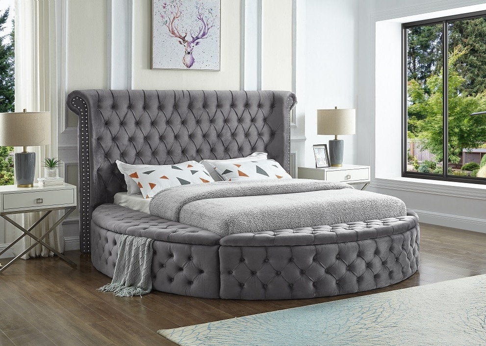 IF-5770 Lit en tissu velours gris avec capitonnage profond et 3 bancs de rangement