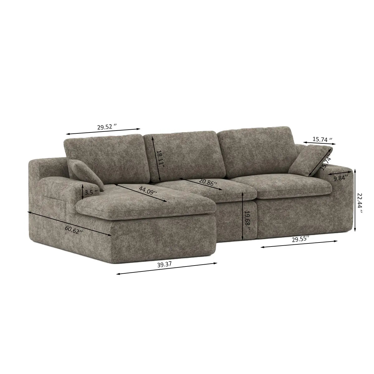Grand sectionnel en tissu brun | Confort Pocket Coil et mousse 30D