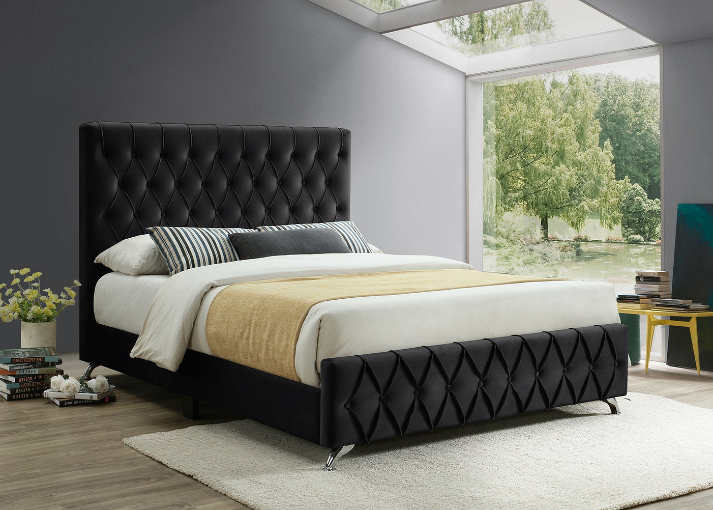 IF-5671 Lit en velours noir avec boutons à motif losange et pieds chromés