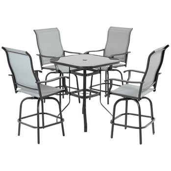 Ensemble de meubles de patio 5 pièces, ensemble de conversation de jardin extérieur avec table en verre trempé, 4 chaises pivotantes et trou pour parasol, gris