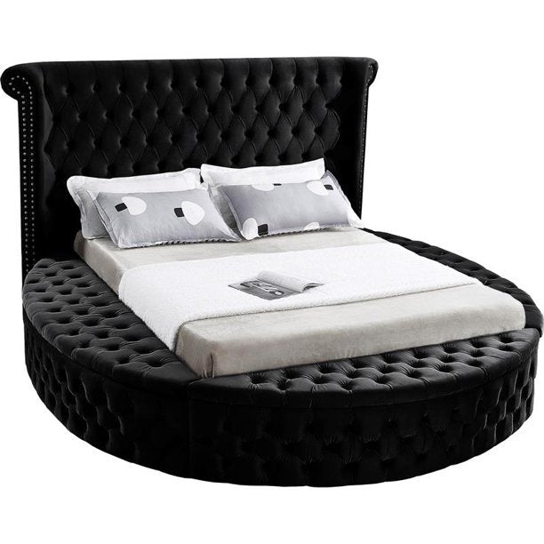 IF-5773 Lit en tissu velours noir avec capitonnage profond et 3 bancs de rangement